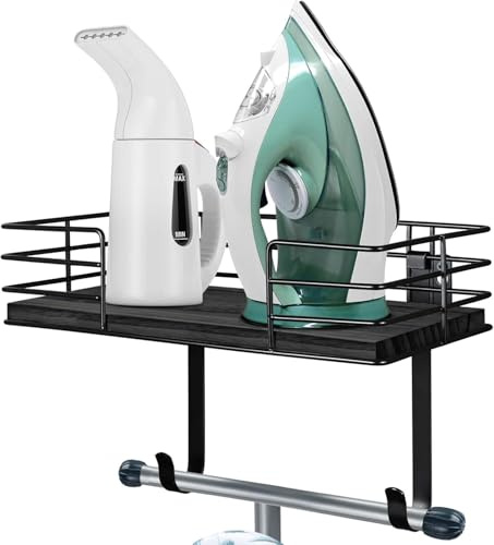TJ.MOREE Ironing Board Holder Wall Mount, Metal Ironing Board Hanger, with Shelf Laundry Room Decor and Accessories Iron Holder for Laundry Room Living Room Bathroom