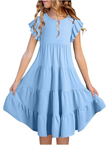 Robe d'été pour fille - Robe d'été pour fille - Double couche - Manches flottantes - Robe trapèze fluide - Robe midi décontractée avec dégradé de couleur, bleu clair, 12-13 ans