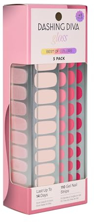 Dashing Diva Gloss Nail Strips 5-in-1 Kit - Best of Pinks - UV Free, Chip Resistant, Long Lasting Gel Nail Stickers - Contains 110 wraps, 5 prep pads, 2 nail files