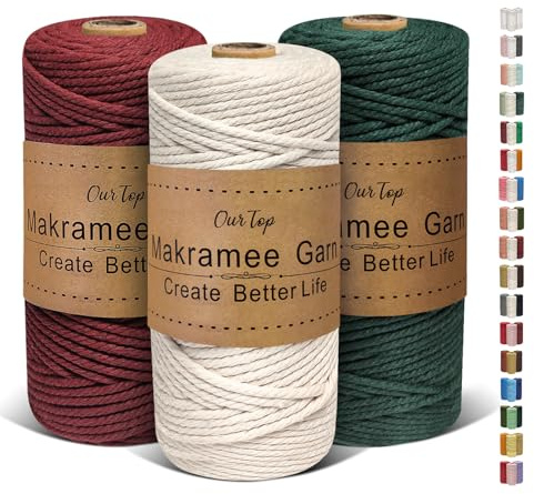 OurTop Premium makramégarn, set om 3, 3 mm x 100 m, makramésnöre, makramérep, garn för gör-det-själv-hantverk, vävning, dekoration, hängande växtväxthängare (natur, vinröd, mörkgrön)