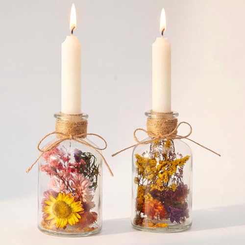 BBTO Trockenblumen im Glas mit Kerzen 2 Set Getrocknete Blumen Deko, Kerze Deko mit Glas und Blumen DIY Trockenblumen Set, Flaschen Kerzenhalter Geschenke für Frauen Geburtstagsgeschenk Tischdeko