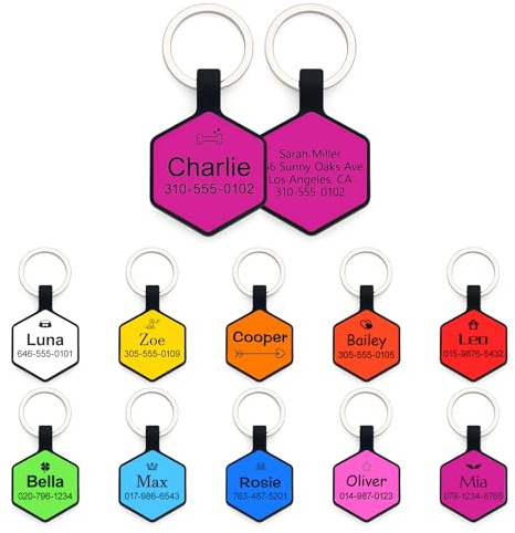 Dog Tags for Pets Engraved UK, Personalised Silicone Dog Tag with Any Name & Text, Custom Dog Name Tag for Pet Dog, Soundless No More Jingling Dog Id Tags for Dogs (Hexagon Style, Purple)