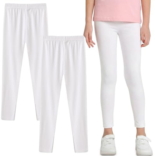 Domueay Leggings Bambina in Cotone, Pantaloni Lunghi Bianco Traspirante Morbidi e Comodi per Bambine Tinta Unita Abbigliamento per Ragazze Sportive Danza Scuola, Confezione da 2, 9-10 Anni