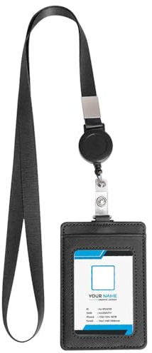 ASISUN Ausweishülle mit Schlüsselband Ausziehbar, Vertikale Schwarz PU Leder Ausweishalter mit Einziehbarer Lanyard für Büro Schule