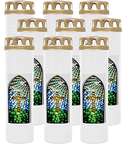 HS Candle Grabkerze Grablicht - 9er Pack - mit Motiv (Fenster Kreuz) - ca 170h / 7 Tage Brenndauer je Kerze (26cm, Ø 7cm) - viele versch. Designs