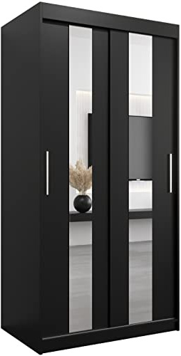 ABIKSMEBLE Pole 100 Armoire à Deux Portes Coulissantes pour Chambre à Coucher - Moderne Armoire de Rangement avec Miroir, Tringle et Étagères - 100x200x62 cm (L x H x P) - Noir Mat