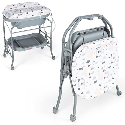 LIFEZEAL Wickeltisch mit Badewanne, 2 in 1 Flatbare Bade-Wickelkombination auf Räder, Badewannenaufsatz Wickelkommode mit 1 offener Ablage, Babybadewanne mit Ständer Max. Belastbarkeit 35kg (grau)