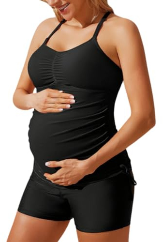 Maternity Bathing Suits with Shorts Drawstring Floral Athletic Swimwear Black Solid 2XL