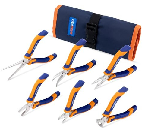 WISEPRO 6-delat minitångset med ficka, smyckestänger mjukt grepphandtag, inklusive linjsmantång, lång näsa, nåltång, böjd, trådskärare och sidofräs