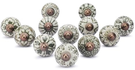 Ajuny Ceramic Knobs Handpainted Cupboard Drawer Door and Furniture Pulls for Kitchen Bathroom Dresser Decorative Handles Glossy Finishing Knob Green, Pack of 12