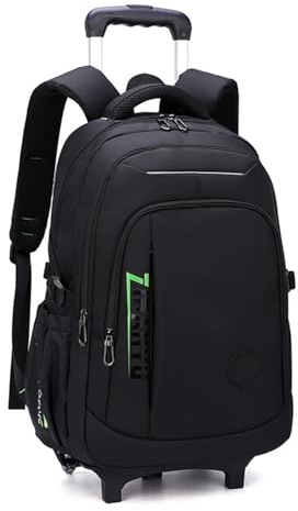 Schulranzen mit Rollen, Rucksack mit Trolleyfunktion für Kinder, Kinderrucksack mit Trolley, Rucksack Schule mit Rollen Teenager Schultasche für Schule und Reise, Schwarz grün-Stil 1