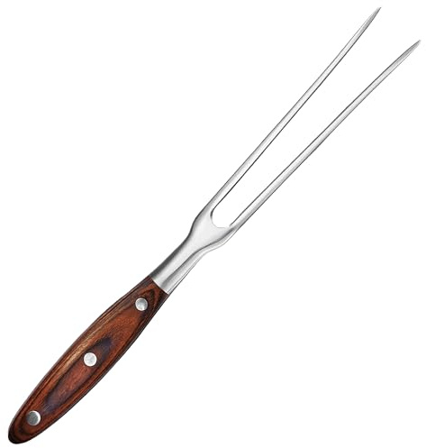 BOHK Heavy Duty Stainless Steel Carving Fork 11.6 Inch BBQ Meat Fork & Serving Fork for Cooking Roasting Meat Shredding (Wood Handle)