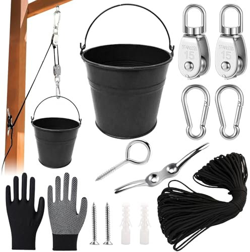 Flaschenzug Kinder,Zubehör fürs Baumhaus Spielturm,Riemenscheibe mit Eimerkabel,Flaschenzug mit Metalleimer,Kinder-Riemenscheibensystem Spielturm Zubehör,Gartenspielzeug für ab 3 Jahren