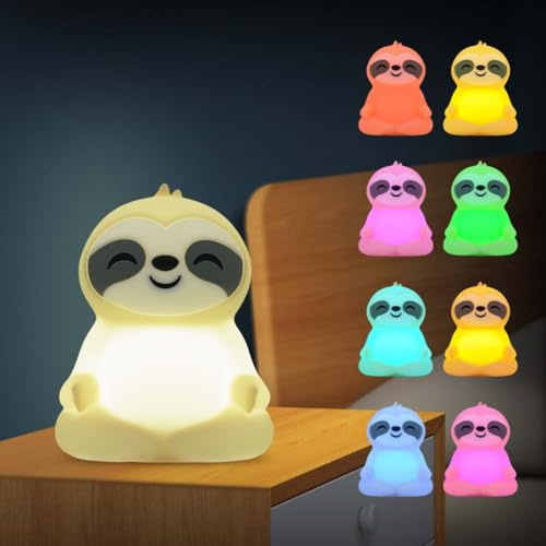 AoLa LED Nachtlicht Kinder, 9 Farben RGB Nachtlampe mit Fernbedienung Touch Dimmbar Nachttischlampe aus Silikon, tragbar Akku Faultier Nachtleuchte mit Timing, für Babyzimmer Kinderzimmer Stilllicht