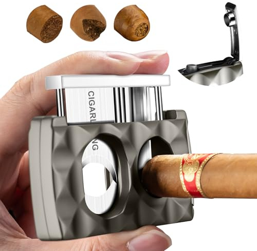 Cigar Cutter Stainless Steel Multifunctional 4-in-1,Cigar V-Cutter Double Blade Guillotine,Straight Cut&V-Cutter with Cigar Punch, Cigar Holder, Gift for Men (Grey)
