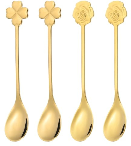 PATIKIL 4pcs Coffee Spoons, Rose/Four Leaf Grass Tea Spoons 304 Stainless Steel Teaspoons Small Cute for Stirring Espresso Coffee Bar Tableware Dessert Flatware Tea Party, Gold