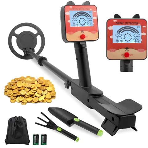 Metalldetektor Kinder, Leichtgewicht Kinder Metalldetektor mit Verstellbarer Höhe, LCD-Display und wasserdichter Suchspule, Hochempfindlicher Metalldetektor für Kinder mit Schaufel, Rechen, Tasche