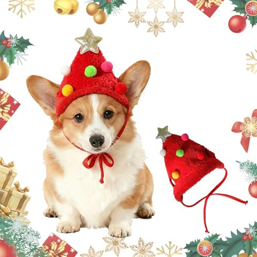 Zephyra Bonnet de Noël pour Animaux de Compagnie 4–7,5 KG, Chapeau Rouge avec Pompons et Étoile, Accessoire de Noël pour Chien et Chat, Costume Festif Réglable en Tissu Doux