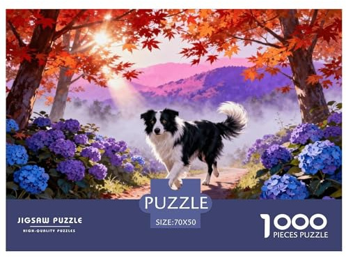 Puzzle Border Collie 1000 Pièces pour Adultes Et Enfants, Jeu De Famille, Casse-tête Hydrangea Bois, Décoration Intérieure, Cadeau Anniversaire 70x50cm/1000pcs