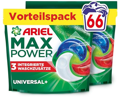 Ariel Max Power PODS, flytande tvättmedelskapslar 66 tvättar, universal+, med 3 integrerade tvätttillsatser