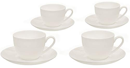 Buchensee Kaffeetassen Set aus Fine Bone China Porzellan. 4 Kaffeetassen je 210ml und 4 Unterteller in fein-cremigem Weiß.
