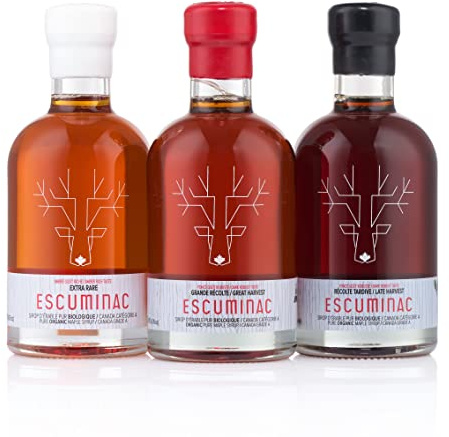Escuminac Coffret Sirop d’Érable 3 Récoltes Bio 3 x 200 ml | Comprend Extra Rare, Great Harvest et Récolte Tardive du Canada.