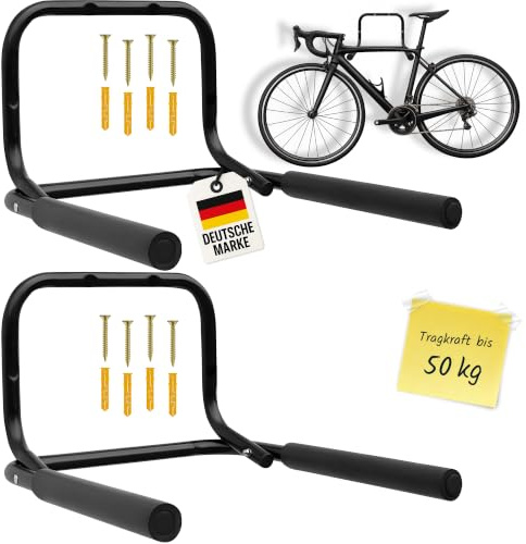 WELLGRO 2x Wand Fahrradhalter - Stahl, schwarz, klappbar, Tragkraft bis 50 kg, Wandmontage, weiche Schaumstoffpolsterung