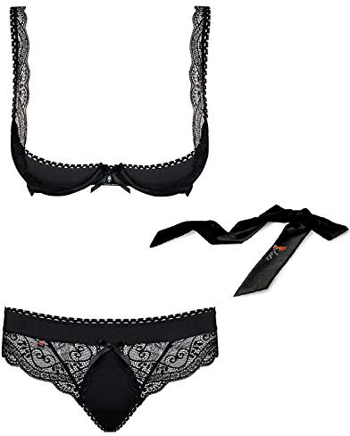 Selente Love & Fun verführerisches 3-teiliges Damen Dessous-Set aus Bügel-Büstenhebe, Tanga & Satin-Augenbinde, made in EU (S/M, schwarz-Büstenhebe)
