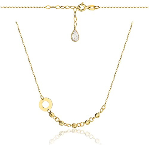 Goldene Damen Halskette 585 14k Gold Gelbgold Kette mit Anhänger Kreis Kugel Zirkonia Gravur