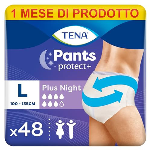 TENA Pants Plus Night, Taglia Large (L), Pacco Scorta Mensile - Mutandine Assorbenti, Elasticizzate e Monouso, per Perdite Urinarie, Unisex, Discrete e Confortevoli, 4 confezioni x 12 pezzi