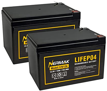 NERMAK 2 Pack 12V 12Ah LiFePO4 Deep Cycle Battery, 2000+ Cycles Lithium Iron Phosphate Rechargeable Battery for Solar Power,Lighting, Power Wheels, Fish Finder, Scooters and More, Built-in 12A BMS