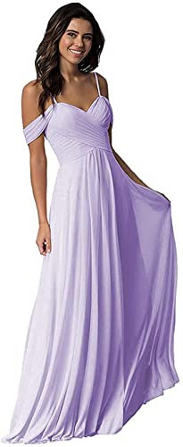 KURFACE Vestito da damigella d'onore della spalla delle donne A-Line lungo increspato abiti da sera formale di promenade, Lilla, 52
