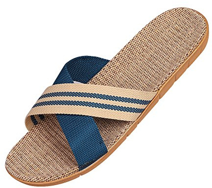 Qchomee Unisex Couples Non-Slip Linen Flip Flops Summer Open Tote Mule Sandals Moisture Wicking Flax Sole Indoor House Slippers for Mens Women UK Size 5 6 7 8 9