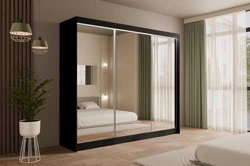 ALTDECOR Kleiderschrank mit Spiegel und Schiebetüren, kugelgelagerte Führungsschienen und Aluminium-Leisten, LED-Beleuchtung (weiß + 16 Farben) und Fernbedienung - AMOHA - 250 cm Schwarz