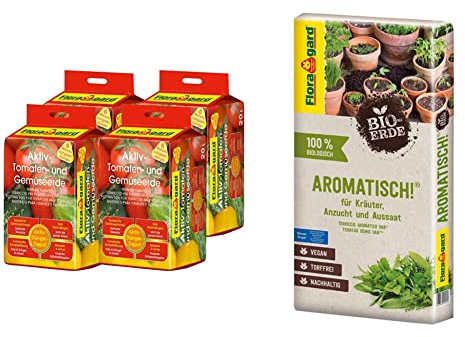 Floragard 4 x Aktiv-Tomaten-und Gemüseerde 20 Liter Blumenerde, erdfarben, 80 Liter & Bio-Erde Aromatisch 1x40 Liter - für Anzucht und Aussaat sowie für Kräuter - torffrei und vegan