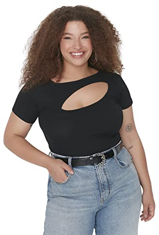 Trendyol Dam normal passform basic rund hals stickad plus size blus skjorta, Svart, 3XL