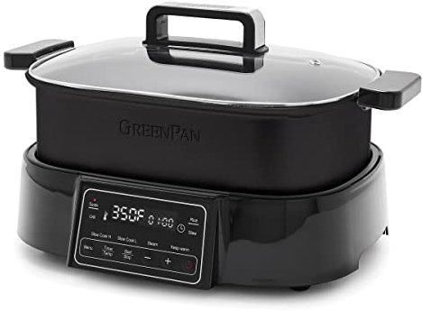 GreenPan Padella per cottura multipla e pentola a cottura lenta, 8 in 1 preset per soffriggere, cuocere a vapore, grigliare, stufare, friggere, scaldare e cuocere riso, in ceramica sana antiaderente e