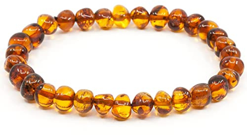 Amber Seven Bracelet d'ambre cognac de qualité supérieure | Bracelet marron en ambre de la Baltique | Taille 19 cm | Unisexe | Perles d'ambre polies de 5-6 mm