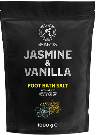 Sel de Bain pour Pieds Jasmin et Vanille 1000g - Huile Essentielle de Jasmin - Extrait de Vanille - Bain pour Pieds au Sel de Mer Naturel - Pédiluve Bain de Pieds - Sels de Bain pour Aromathérapie