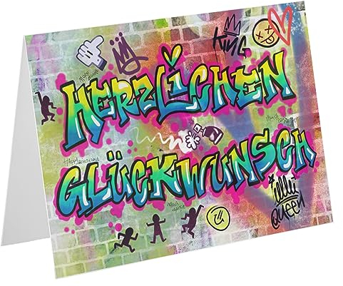 PICTALOO Glückwunschkarte Graffiti - Herzlichen Glückwunsch – bunte Geburtstagskarte Happy Birthday, coole Grußkarte Geburtstag Teenager Mädchen Junge, Geburtstagsgeschenk, Karte Gratulation