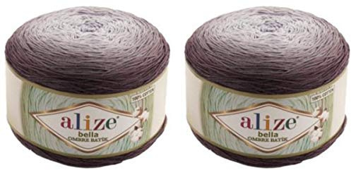 2 x 250 g Alize Bella Batik Ombre Strickwolle Farbverlauf, 500 Gramm Strickgarn 100% Baumwolle, Farbverlaufswolle (grau 7411)