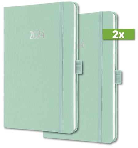 SIGEL J4409/2 Wochenkalender Jolie 2024, ca. A5, mintgrün, Hardcover mit Textileinband, Gummiband, Stiftschlaufe, Einstecktasche, 174 Seiten, aus nachhaltigem Papier, Terminplaner, 2 Stück