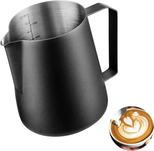 Wrobic Milchkännchen, Milk Pitcher 600ml 20 fl.oz. Milchkanne aus Edelstahl, Milch Aufschäumen für Cappuccino und Latté, Embossed Scale, Schwarz