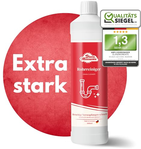 GLANZMOMENTE® Rohrreiniger 1000ml – POWER FORMEL – Rohrfrei Extra Stark – Gegen Haare und Rohrschlamm – Materialschonend – Drain Cleaner – Abflussfrei - Verstopfung Abfluss – Made in Germany