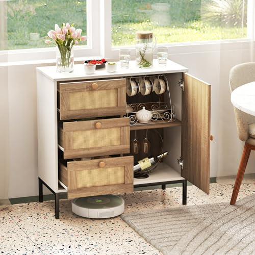 KOMFOTTEU Sideboard Anrichte Holz, Buffet Beistellschrank mit Tür & Schubladen aus Rattan, Kommode mit verstellbaren Einlegeboden, Küchenschrank Standschrank 80x35x80,5 cm