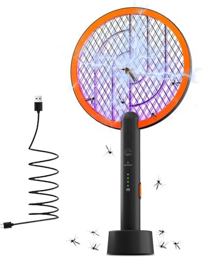 Mosiller Raqueta Matamoscas Eléctrico, 4000V Mata Insectos De con USB Base De Carga, 2 en 1 Matamoscas Portátil & Lámpara UV con Malla Segura de 3 Capas para Interior（Negro 1Pack）
