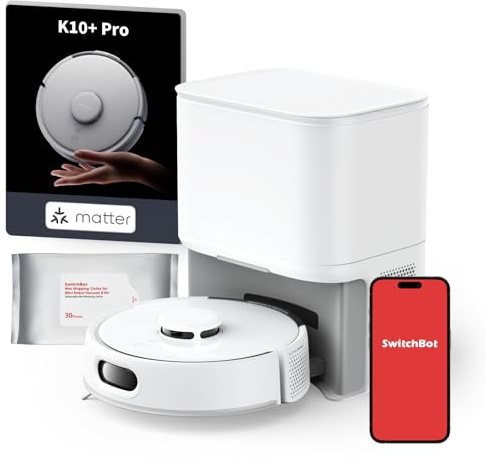 SwitchBot K10+ Pro Mini Aspirador Robot con Autovaciado para 90 Días Sin Manos, Super Silenciosa con Alta Potencia de Succión, Anti-Enredos de Cabello, Compatible con Alexa/Siri, WiFi 2.4GHz