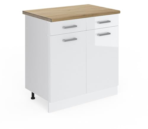 Vicco Küchenunterschrank R-Line, Weiß Hochglanz, 80 cm | 2 Schubladen · AP Eiche inkl. · Höhenverstellbare Füße · 2 Türen · ✓ Leichter Zugriff