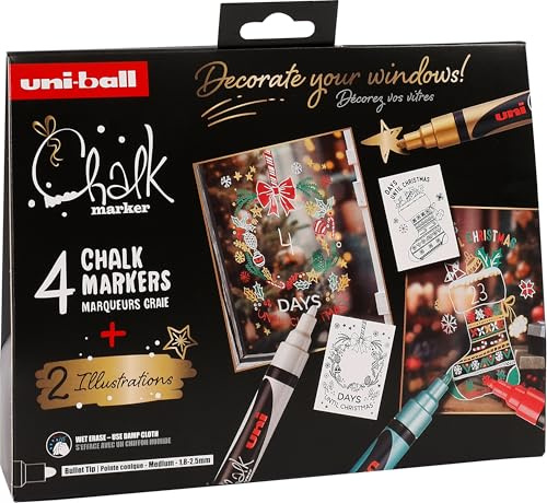 Uni-Ball 186831 - Set de marqueurs craie Xmas trad, 4 marqueurs avec 2 pochoirs, UNI CHALK MARKER, crayons craie pour fenêtres