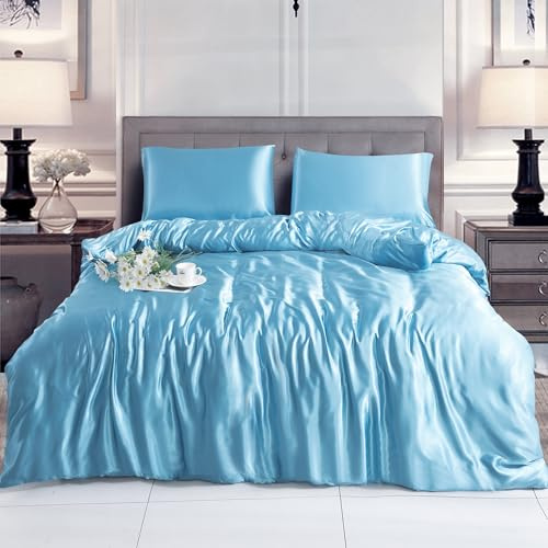 Hadi London Slik Satin Duvet Cover Sets - Luxurious Bedding with Zip Fastening - Soft and Breathable Quilt Cover with 2 Pillowcases - Available in Single, Double, and King Sizes (SKY-BLUE, SINGLE)